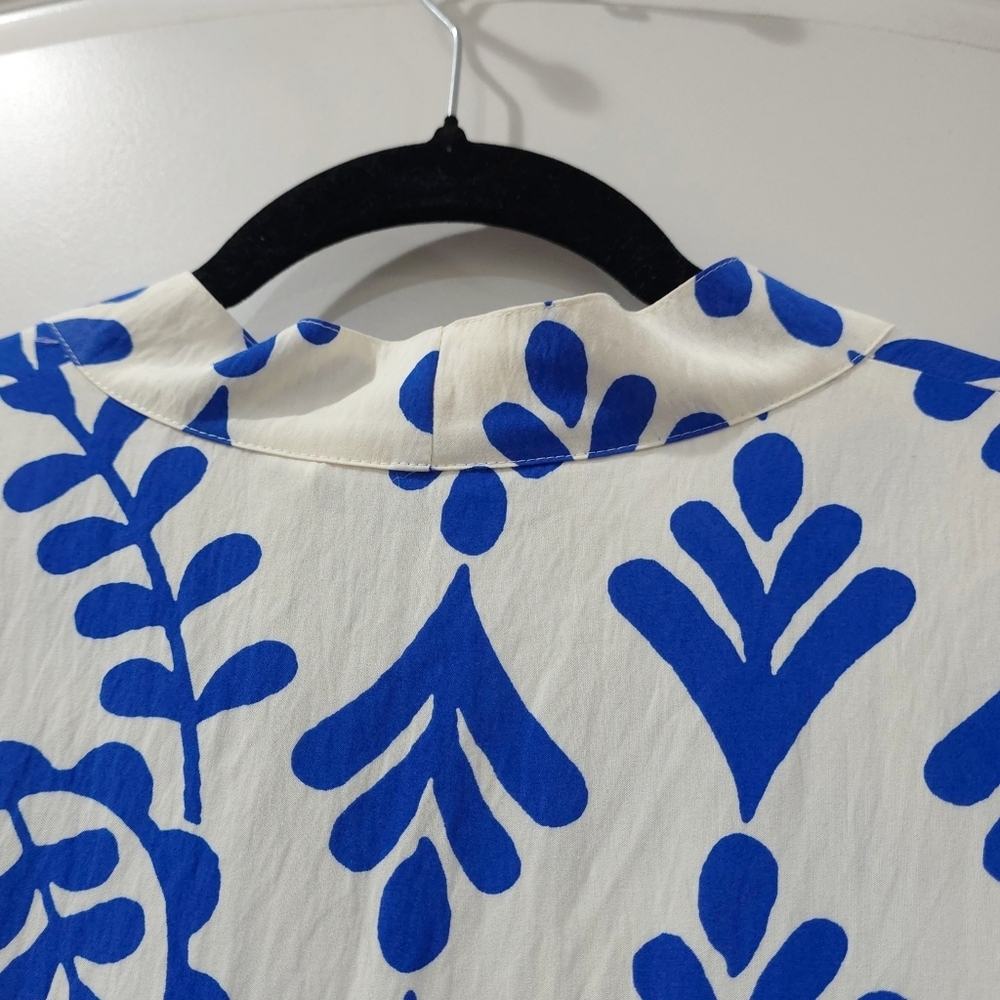 ZARA Cobalt Blue Botanical Print Long Sleeve V-Neck Tiered Babydoll Mini Dress - Picture 14 of 15